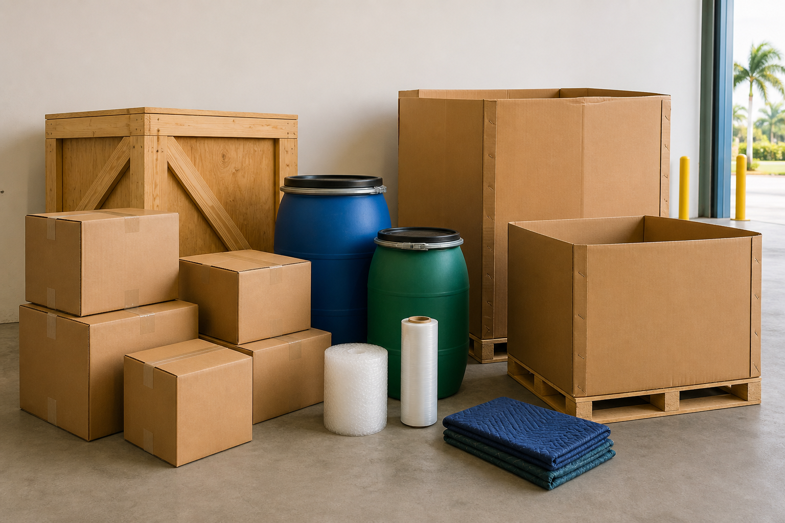 Boxes, plastic shipping barrels, cardboard containers and a wooden crate